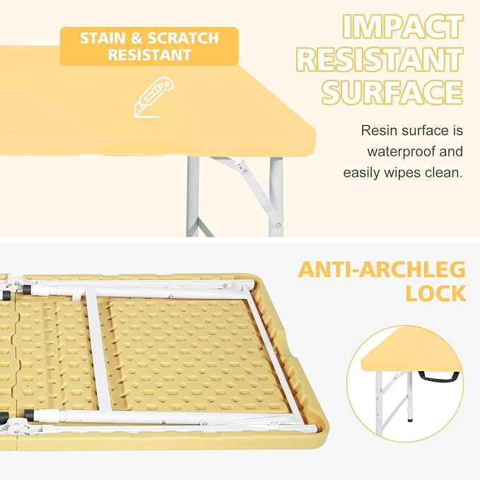 Portable 4Ft Folding Table, Heavy Duty Plastic Fold-in-Half Utility Foldable Table, Adjustable Height Plastic Folding Table with Carrying Handle for Camping &Party Indoor/Outdoor(Light Yellow)