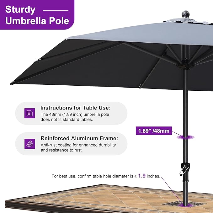 PURPLE LEAF 10' x 10' Square Patio Market Umbrella with Base Outdoor Table Umbrellas Aluminum Frame Sun Shade with 8 Sturdy Ribs for Garden Deck Lawn Pool Gray