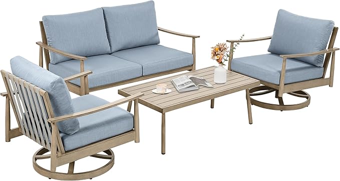4 Pieces Patio Furniture Set, Aluminum Outdoor Patio Furniture Sets, 2 Swivel Chairs and Loveseat with Thick Cushion, Patio Conversation Set for Backyard Deck Poolside, Blue & Brown