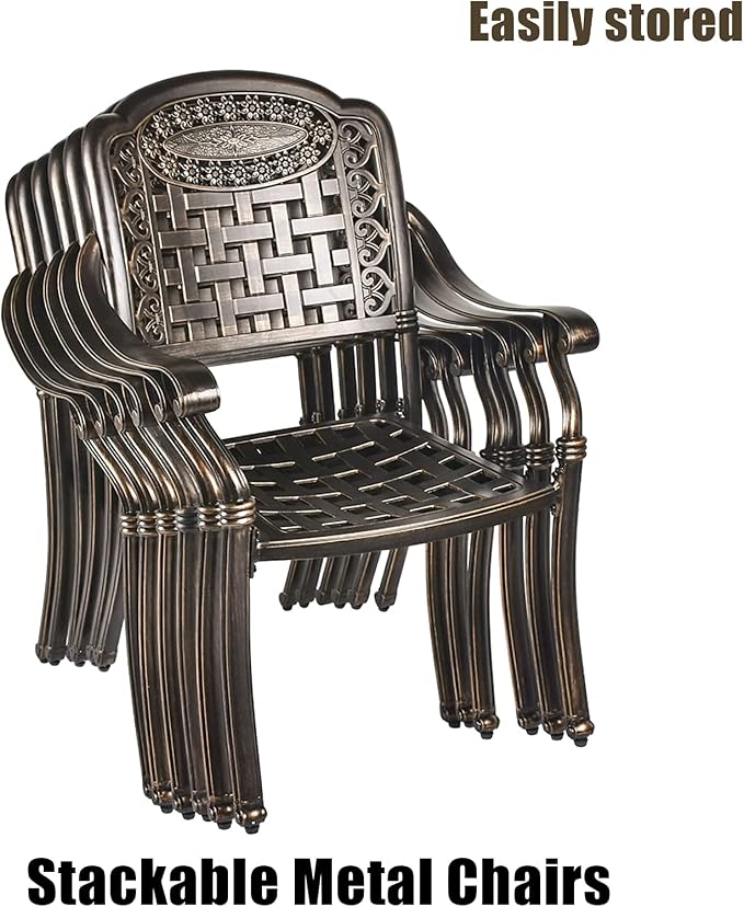 TITIMO 7-Piece Outdoor Furniture Dining Set, All-Weather Cast Aluminum Conversation Set Includes 1 Rectangular Table and 6 Chairs with Khaki Cushions and Umbrella Hole for Patio Garden Deck