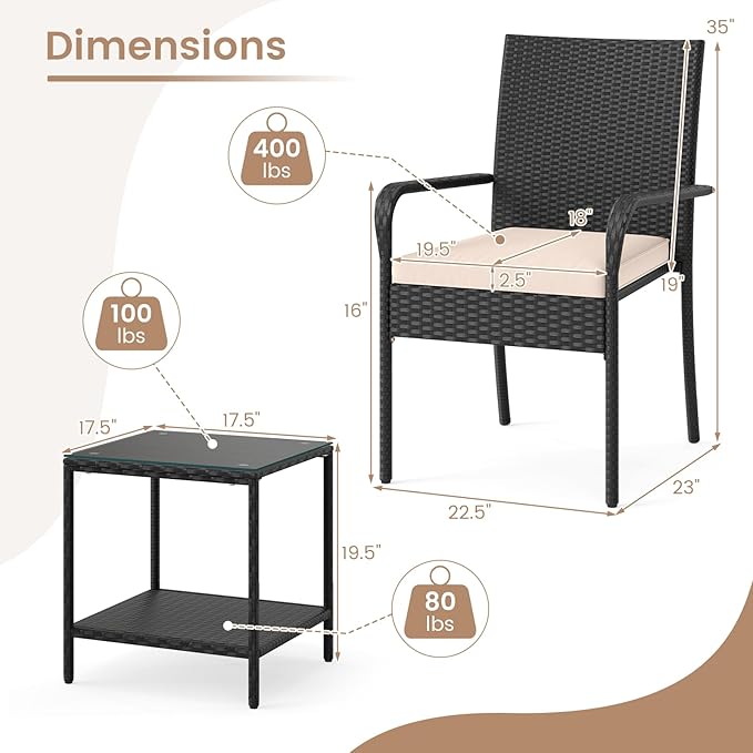 Tangkula 3 Pieces Patio Furniture Set, PE Rattan Outdoor Cushioned Conversation Chairs with 2-Tier Tempered Glass Tabletop Table, for Balcony, Garden and Poolside (Beige)