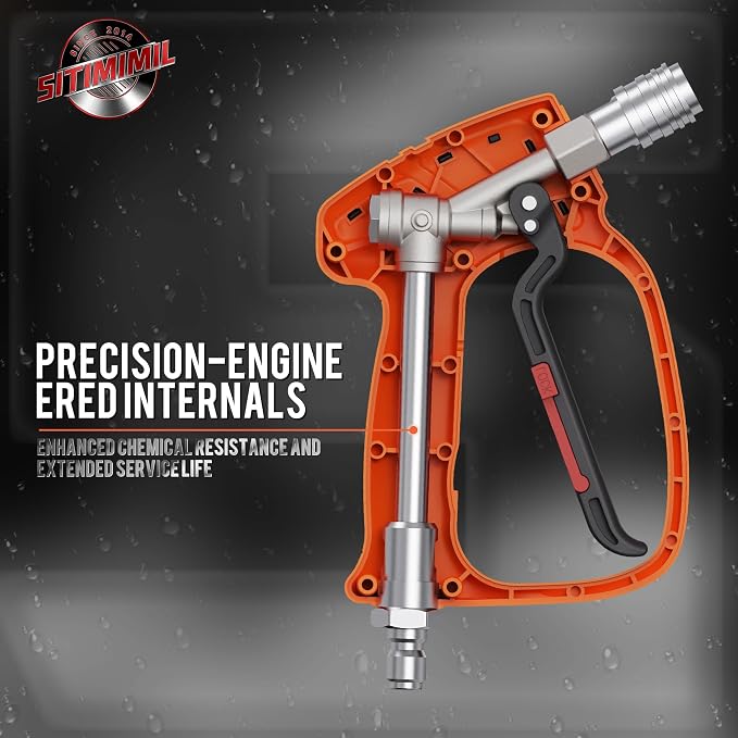 SITIMIMIL® Short Pressure Washer Gun Swivel Pro, Tangle-Free, Power Washer Gun with Self-Locking Spout Design, 3/8" QC Plug to M22-14/15mm (Brass, Stainless Steel, Orange Black)