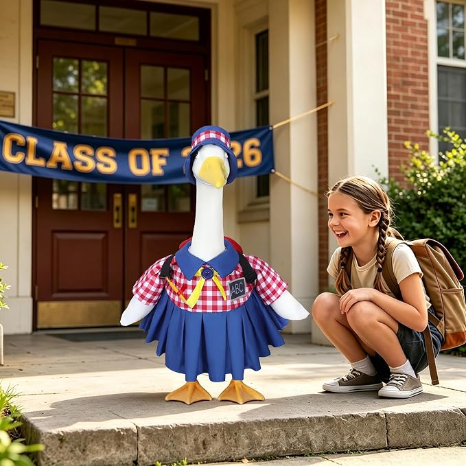 Back to School Porch Goose Outfit Fits 23'' Plastic/Cement Statue | Goose Outfits Back to School with Schoolbag, Pencil and ABC Chalkboard, Classroom Outdoor Garden Patio Yard Lawn Decoration