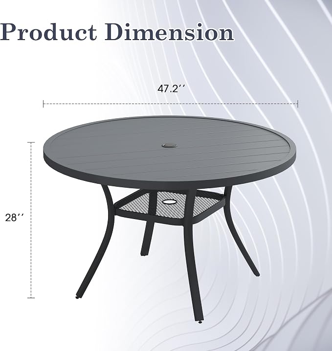 47.2" Patio Dining Table for 6, Round Outdoor Metal Dining Table with Umbrella Hole for Lawn Garden Backyard, Dark Grey