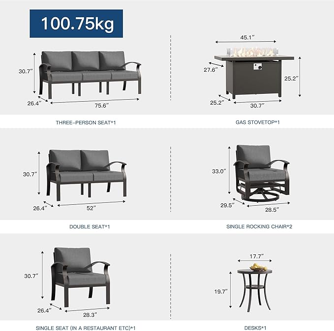 Kullavik Aluminum Patio Furniture Set,8 Pieces 9 Seat Metal Sectional Outdoor Furniture Conversation Set w/45 Propane Gas Fire Pit,Swivel Rocking Chairs Set,Grey