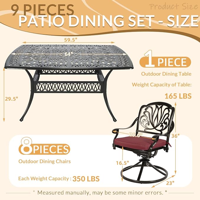 9 Piece Outdoor Patio Dining Set for 8, Cast Aluminium Large Square Dining Table & 8 Swivel Rocker Chairs with Removable Cushions, Umbrella Hole, Patio Furniture Set for Garden, Chili Red