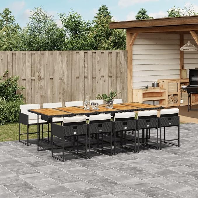11 Piece Outdoor Patio Dining Set, PE Rattan Garden Furniture with Foldable Chairs and Acacia Wood Table, Space Saving Cube Design for Backyard Deck