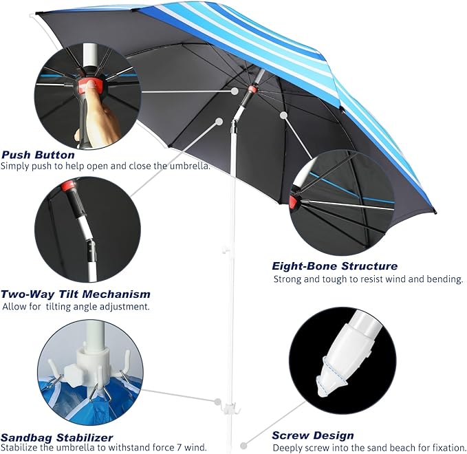 Fisqueen 8FT Large Beach Umbrella with Level 7 Wind Resistance, Sand Anchor, Portable Outdoor Umbrella with UPF50+ UV Protection, Tilt Sun Shelter for Beach, Patio, Yard