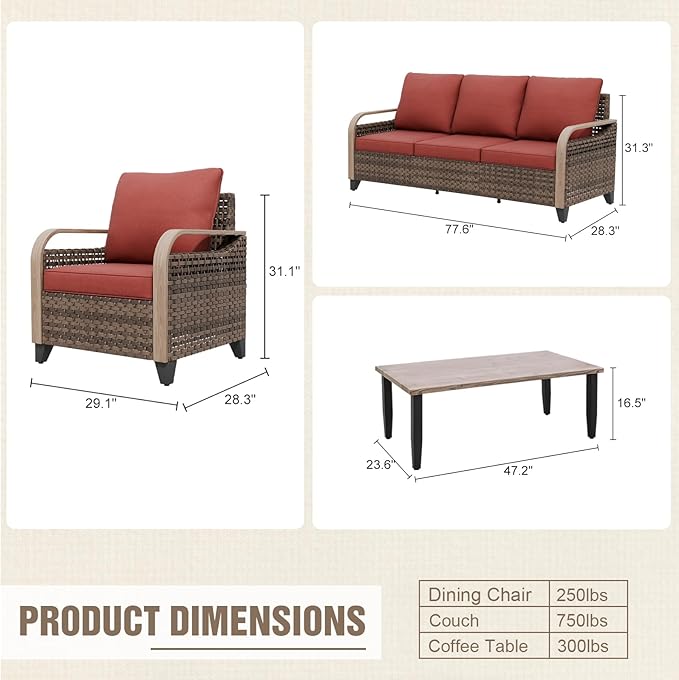 Modern Wicker Patio Furniture Set, Rattan Outdoor Conversation Set with Comfortable Cushions, 2 Patio Chairs, 3 Seat Couch and Coffee Table, 4 Pieces, Brown/Red