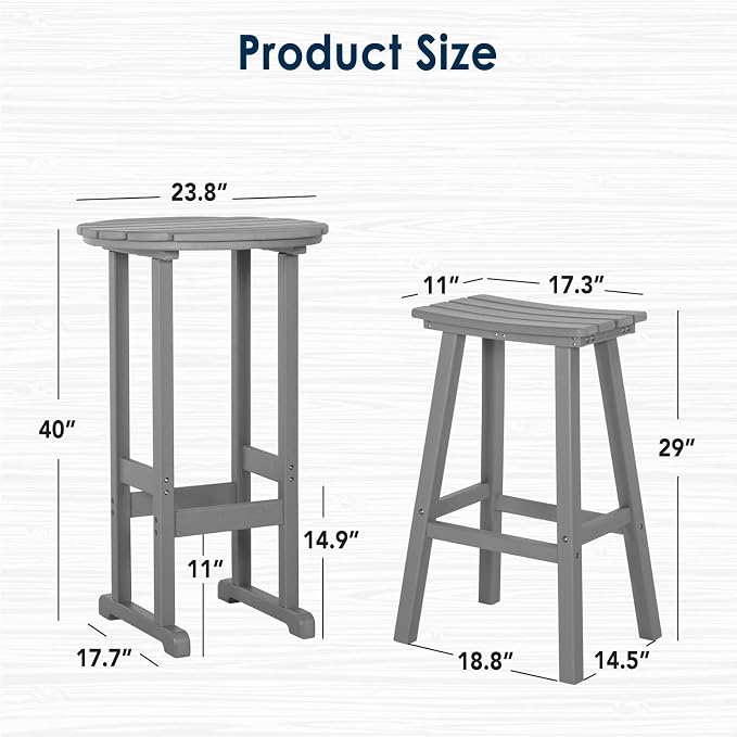 nalone Outdoor Bar Table and Chairs Set, HDPE Bar Table with Bar Stools Set of 2, Patio Table Pub Height Dining Table for Deck, Porch, Backyard, Garden