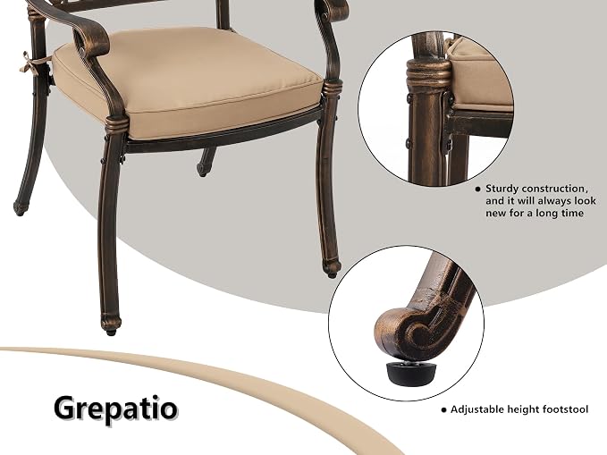 Grepatio 5 Piece Cast Aluminum Patio Dining Set Outdoor Furniture Set Patio Garden Set with 4 Mesh Ding Chairs, 4 Khaki Cushions and 35.4" Square Patio Table 2.4" Umbrella Hole, Antique Bronze