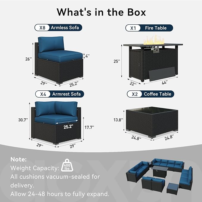 LazySunsets 15 Piece Outdoor Patio Furniture Set with 44'' Fire Pit Table, Outdoor Patio Furniture Set with Waterproof Cover, Wicker Rattan Outdoor Conversation Set for Backyard & Garden, Peacock Blue
