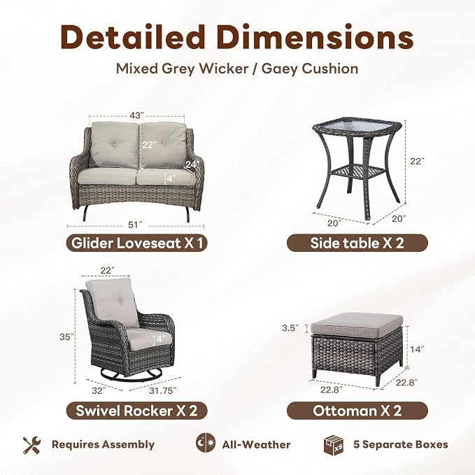 Belord 7 Piece Wicker Patio Furniture Set, Outdoor Swivel Rocker Chairs Set of 2 with Ottomans and Loveseat, All Weather Patio Conversation Furniture Set, for Pool,Yard,SunroomGray Wicker/Gray