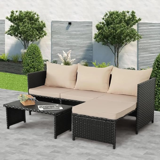 3-Piece Outdoor PE Rattan Furniture Set Black Wicker Conversation Loveseat Sofa Sectional Couch Khaki Patio Comfortable Cushion Outdoor Sectional