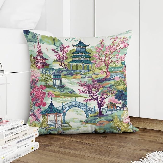 Chinoiserie Pagoda White Coral Blue Asian Pillow Cover Chinoiserie Chic Asian Pillows 20x20 INRetro Accent Throw Pillow Covers Farmhouse Decorative for Patio Funiture Garden