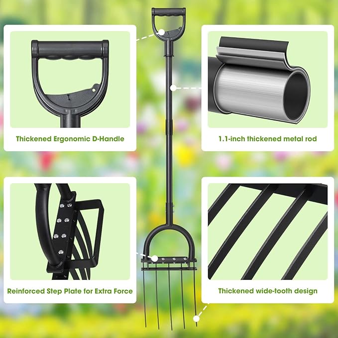 Broadfork Garden Tool, 55IN Pitch Fork for Gardening 5-Tine Heavy Duty Garden Fork with Ergonomic D-Grip Handle for Digging Loosening Soil Cultivating Weeding Composting