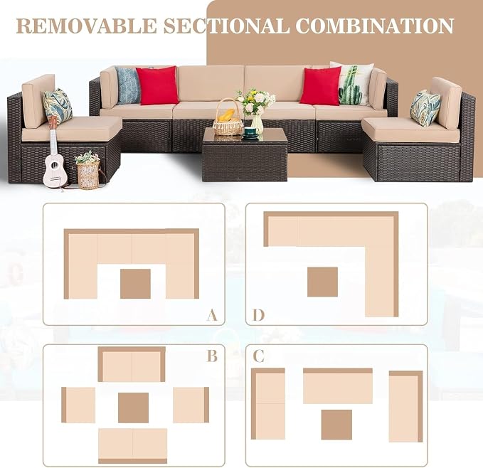 7 Pieces Outdoor Patio Furniture Set with Cushions, PE Manual Weaving Rattan Sectional Sofa, Glass Table Included, Weather Patio Conversation Set for Garden Backyard Deck(Red)