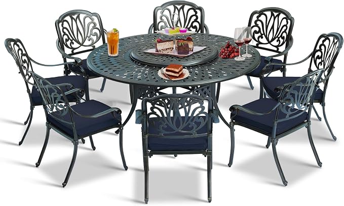 9-Piece Patio Cast Aluminum Dining Set, 8 Person Outdoor Dining Furniture Set, Includes 8 Cushioned Chairs and 61" Large Round Dining Table with 31" Lazy Susan, Umbrella Hole, Navy Blue