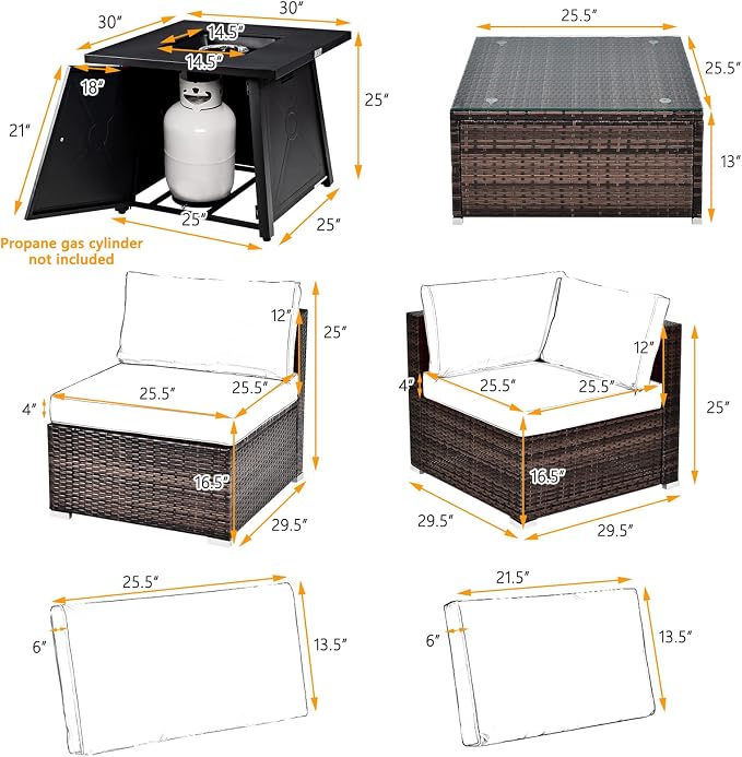 Tangkula 7 Piece Patio Furniture Set w/Fire Pit Table, Patiojoy Outdoor Rattan Conversation Sofa Set w/30 Square Propane Fire Pit Table, 50,000 BTU Heat Output, Protective Cover Included (Turquoise)