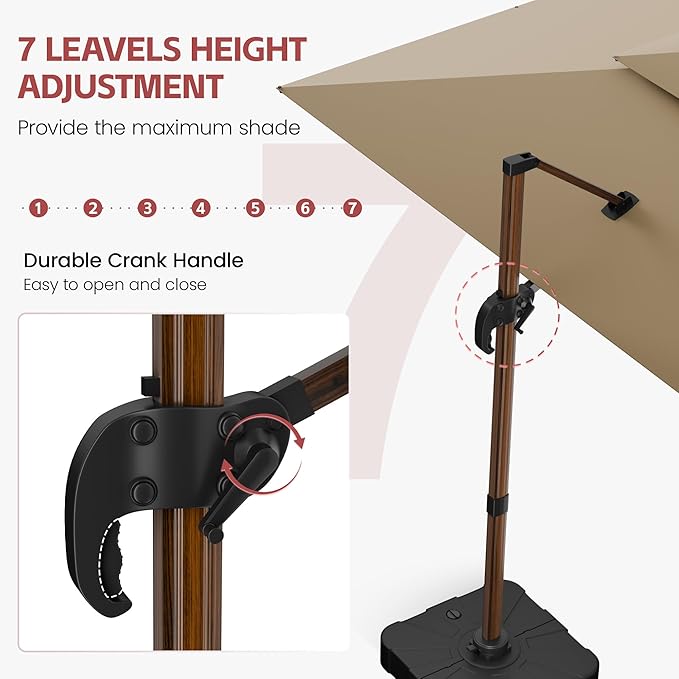 GENTEACO 10x13FT Wood Pattern Cantilever Patio Umbrella, Double Top Rectangle Offset Umbrella 7 Angle Tilts & 360° Rotation, Large Heavy Duty Outdoor Sun Umbrella for Pool Market, Tan