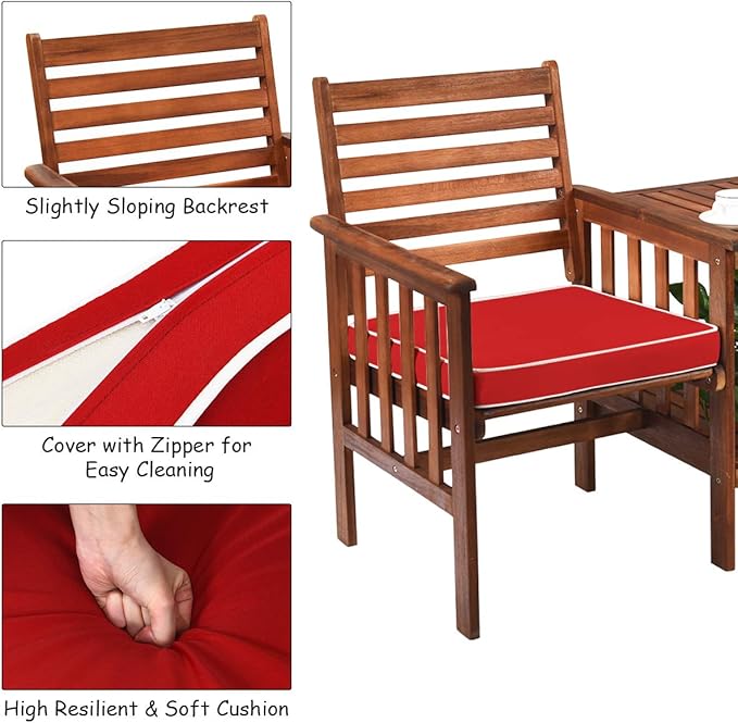 Tangkula Acacia Wood Loveseat, 3pcs Outdoor Table Chairs Set, Patio Conversation Set w/Coffee Table and Soft Cushions, 2.1-inch Umbrella Hole, 2-Seater Furniture Set (Red)