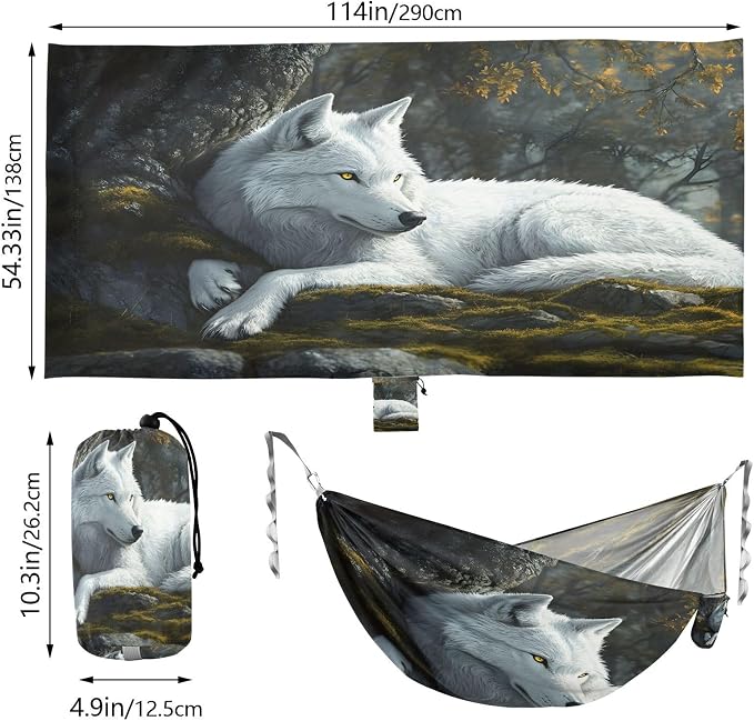 White Wolf in Forest Camping Hammock, Portable Lightweight Single Hammock with 3 Straps and Aluminum Carabiners, 114" x 54" Travel Hammock for Hiking Backpacking Beach