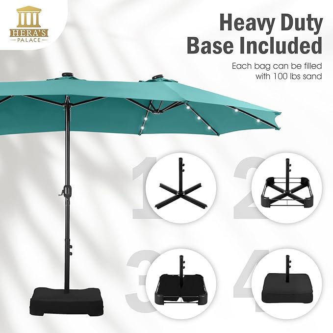 HERA'S PALACE 15ft Patio Umbrella with Base Included Double Sided Outdoor Umbrella for Patio Table Umbrella Outdoor 36 LED Solar Lights for Garden
