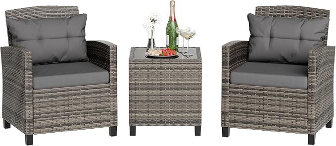 JAMFLY 3 Piece Wicker Patio Furniture Set - Space Saving Outdoor Rattan Conversation Set with Soft Cushions & Glass Coffee Table for Balcony, Porch, Small Backyard - All Weather Grey Bistro Set