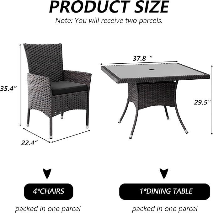 Kullavik 5 Pieces Outdoor Dining Set Patio Rattan Furniture Set,Patio Dining Table and Chairs Set with 4 Chairs and Cushions,Square Glass Tabletop with Umbrella Hole for Patio,Backyard,Grey