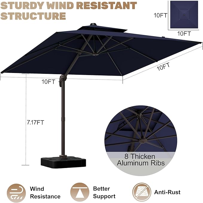 10x10Ft Patio Umbrella Outdoor Cantilever Rectangle Umbrella with Base Included, 6-Level Tilt & 360° Rotation Offset Umbrella for Garden, Deck, Pool(Navy Blue)