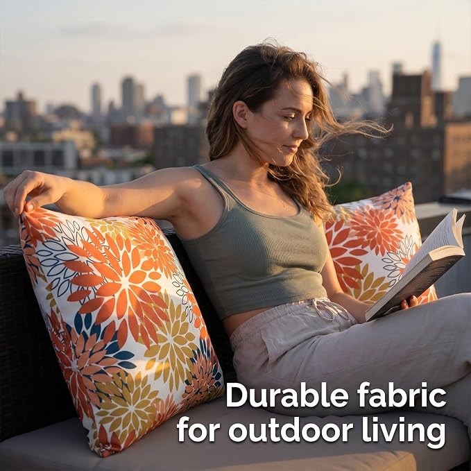Set of 2 Dahlia Waterproof Throw Pillow Covers Outdoor Decorative Flowers Cushion Covers 18×18 Inch Spring Summer Pillowcases with Invisible Zipper for Couch Bench Garden Patio Funiture