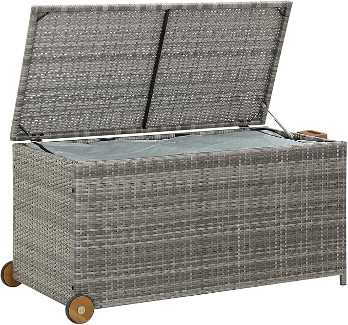 Outdoor Storage Box with Wheels 47.2x25.6x24 Inch Light Gray Poly Rattan Deck Box for Patio Garden Furniture, Cushion Organizer with Wooden Handle and Gas Lift Lid