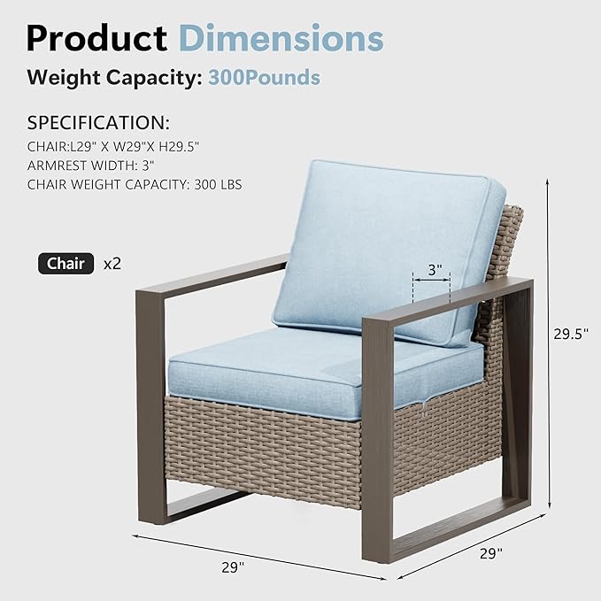 Patio Chairs Set of 2, Outdoor Wicker Chair Metal Patio Furniture with Deep Seating, Thicken Cushions for Deck, Porch, Yard Use (Azure, 2 PCS/Chairs)