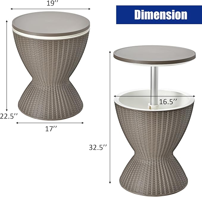 Cool Bar Table with Ice Bucket, 8 Gallon Rattan Style Patio Bar Cooler Table w/Height Adjustable Tabletop, Beer and Wine Cooler, Outdoor Cocktail Coffee Table for Pool Party Deck (Coffee)