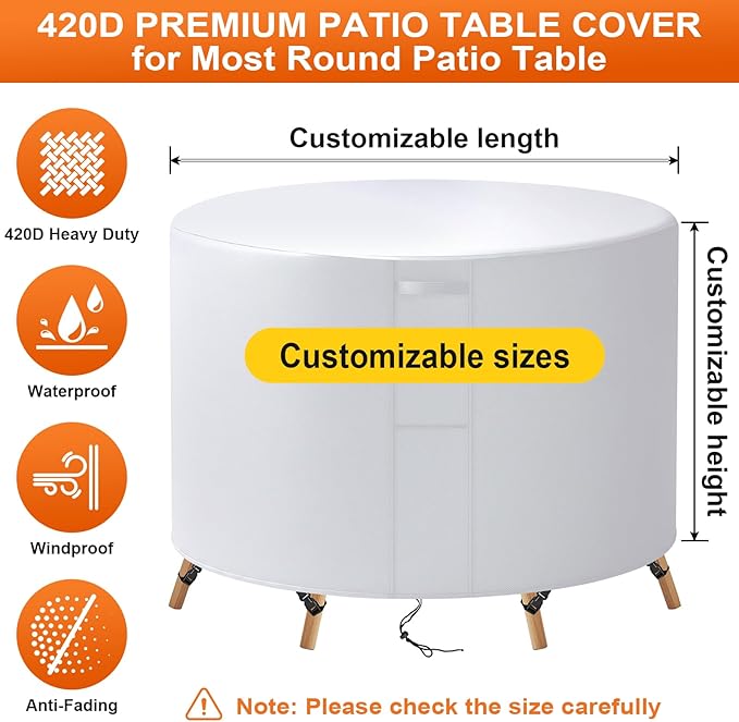 32"(D) x 12"(H) Round Outdoor Furniture Cover, Custom Heavy Duty 420D Waterproof Patio Furniture Cover with Drawstring & Buckles for Table Chair Garden, Silver