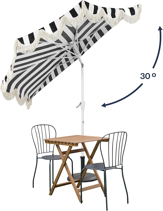 JONATHAN Y Beverly 9 ft. Coastal Black and White Striped Half Patio Umbrella with Scalloped Fringe, Crank Lift, and Manual Tilt for Balcony, White Pole UMB1201H