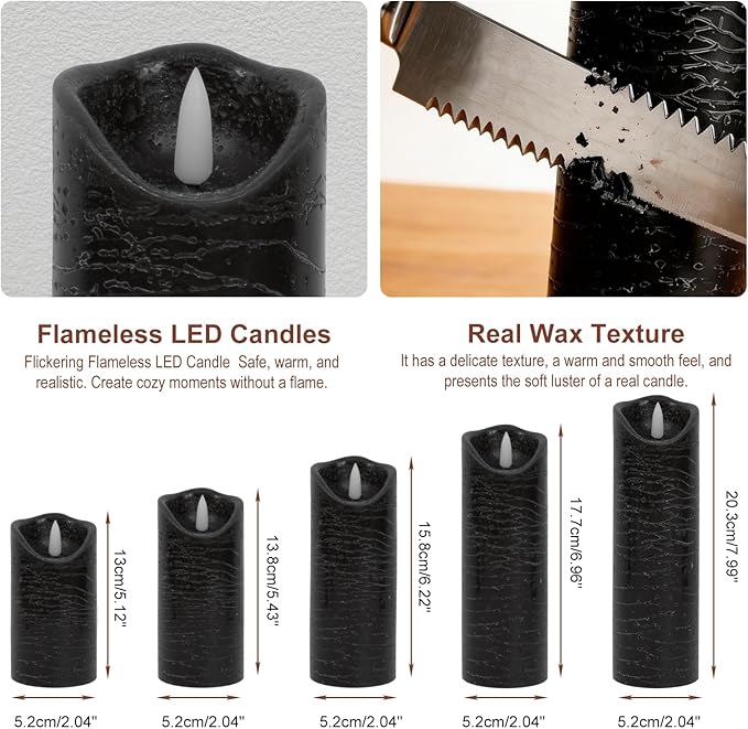 Flickering Flameless LED Candles with 5 PCS (H5 5.5" 6" 7" 8"), Fake Battery Operated Pillar Candles - 3D, Remote and Timers, Real Wax Candles for Home/Wedding/Fireplace Xmas Decor (Black)