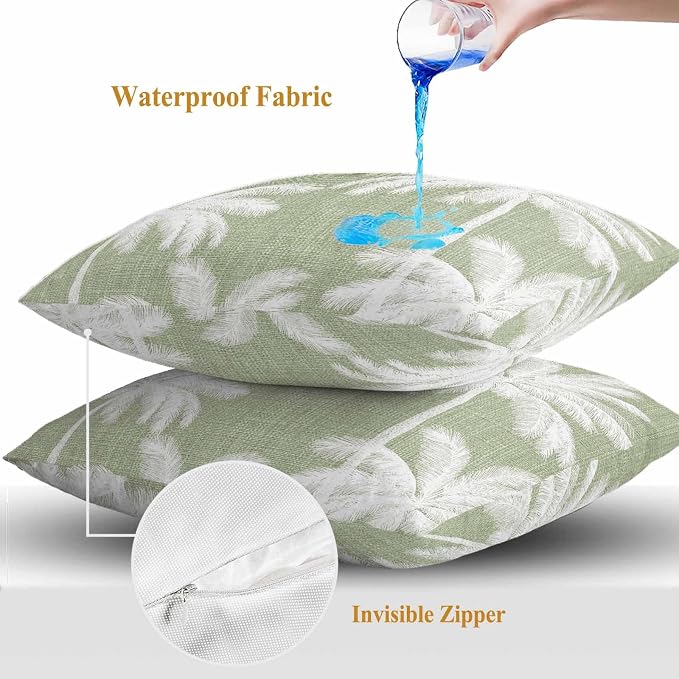 Outdoor Pillow Covers 20x20 Inch Set of 2, Sage Green Palm Trees Waterproof Throw Pillow Covers, Farmhouse Tropical Summer Beach Decorative Cushion Pillowcases for Couch, Sofa, Bed, Garden, Patio