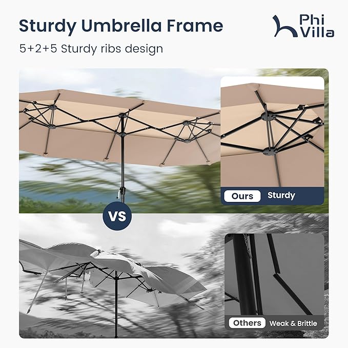 PHI VILLA 13ft Large Patio Umbrellas with Base Included, 2-Tier Double-Sided Outdoor Market Rectangle Umbrella for Outside, Beige&Tan