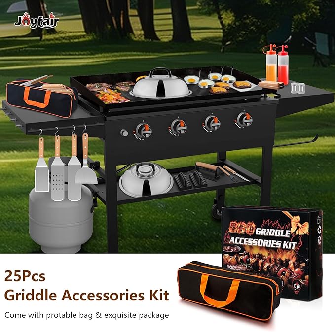 25Pcs Griddle Accessories Kit for Blackstone, Joyfair Stainless Steel Flattop Grilling Spatula Accessory Tools Set with Smash Burger Press Basting Cover for Outdoor BBQ Hibachi Cooking (Wooden Handle)
