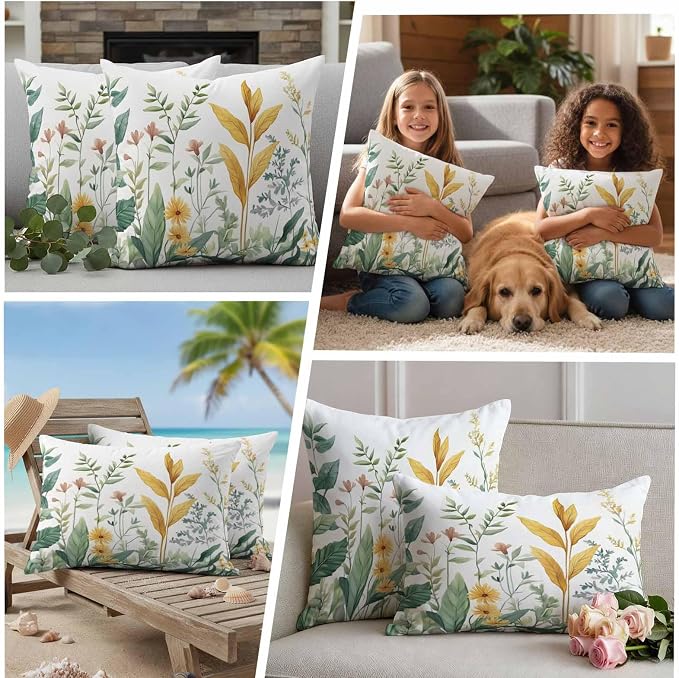 Outdoor Pillow Covers 26x26 Set of 2, Yellow Green Botanical Waterproof Patio Throw Pillow Covers for Couch Sofa Chair, Rustic Watercolor Leaves Decorative Pillowcases for Throw Pillows