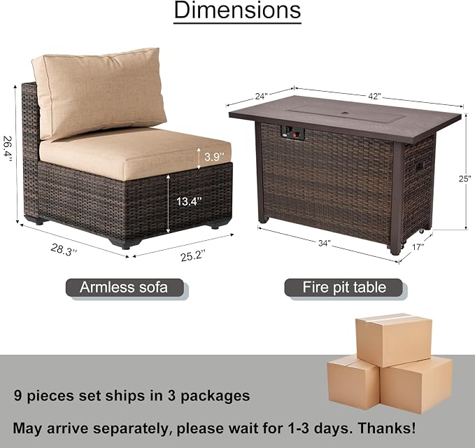 9 Piece Patio Furniture Set with 42" Fire Pit Table, Outdoor Wicker Rattan Sectional Sofa Set, Patio Conversation Set with Thickened Cushions, Beige