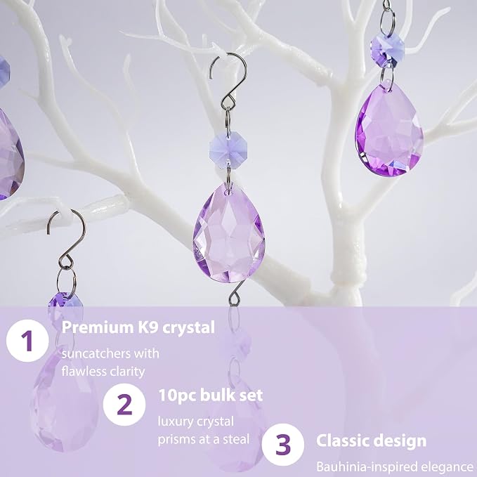 10 Pcs Purple Crystal Bauhinia Suncatcher Prisms Chandelier Window Decor | Purple Crystal Bauhinia Prisms Suncatcher Pendants 3 Inch Chandelier Beads Hanging Sun Catcher for DIY Window Wedding Decor