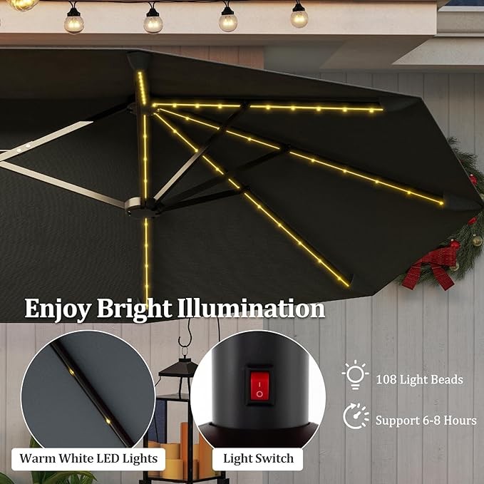 HAPPYGRILL 13 FT Double-sided Patio Umbrella with Solar Lights, Crank Handle & 12 Heavy-Duty Ribs, Outdoor Twin Size Oversized Rectangle Market Umbrella for Garden Deck Poolside