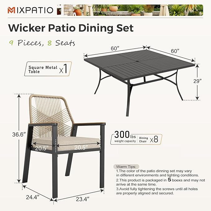 MIXPATIO 9 Pieces Outdoor Dining Set for 8, Patio Dining Set Wicker Rattan Chairs with Soft Cushion and Square Table with Umbrella Hole, Wicker Patio Table and Chairs for Backyard Porch