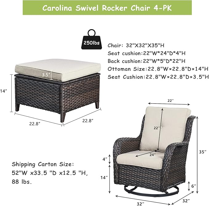 Rilyson Wicker Patio Furniture Set - 4 Piece Rattan Outdoor Patio Conversation Sets with 2 Swivel Rocking Chairs,2 Ottomans for Porch Deck Garden(Brown/Beige)