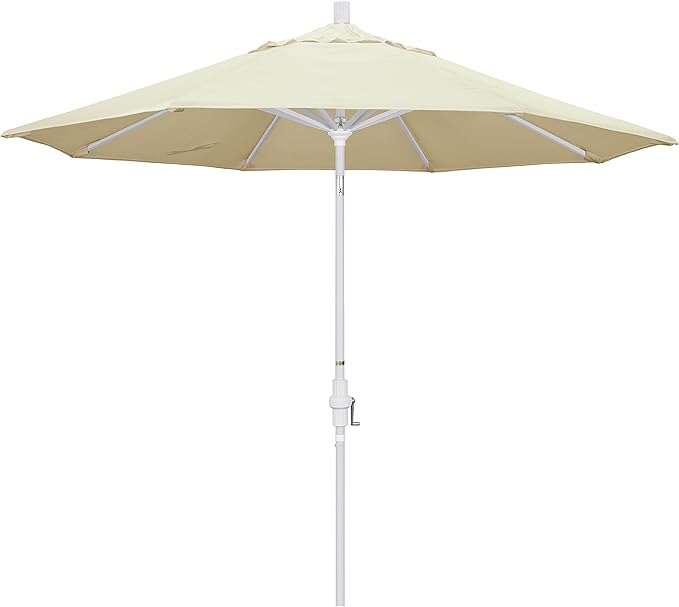 California Umbrella 9' Round Aluminum Market Umbrella, Crank Lift, Collar Tilt, White Pole, Pacifica Pacific Blue