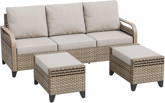 Modern Wicker Patio Furniture Set, Rattan Outdoor Conversation Set with Comfortable Cushions, 3 Seat Couch and 2 Ottomans, 3 Pieces, Brown/Gray