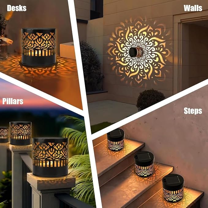 DDRIC Decorative Solar Mandala Lights, Metal Solar Powered Outdoor Wall Sconces, Waterproof Step Lights, Warm Yellow Glow, for Garden Fence Patio Deck Yard Decor (3PCS)