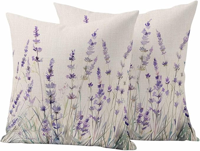 Spring Flower Outdoor Waterproof Throw Pillow Covers Set of 2, 16"x16", Vintage Purple Lavender Linen Texture Decorative Pillow Covers Outside Cushion Case for Patio Porch Garden